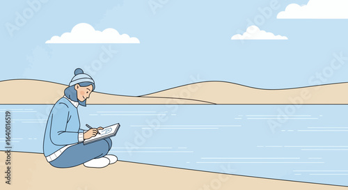 Woman Sits By The Water With A Digital Tablet In The Nature Scenery