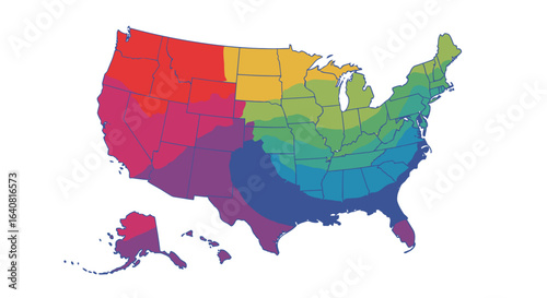 United States gradient heat map showing regional climate zones, temperature bands and contours across the USA — data visualization choropleth infographic for marketing and education