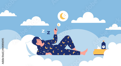 Woman sleeping and dreaming of the moon while using a mobile phone at night bedtime routine and healthy sleep concept vector illustration