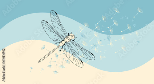 Whimsical dragonfly illustration with dandelion seeds on a soft pastel background
