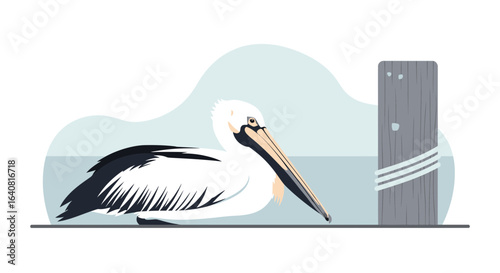 Stylized vector illustration of a pelican resting near a wooden post in water calm scene