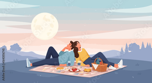 Romantic picnic under the moonlight: A couple enjoying a night out together in nature with snacks and drinks creating a memorable moment