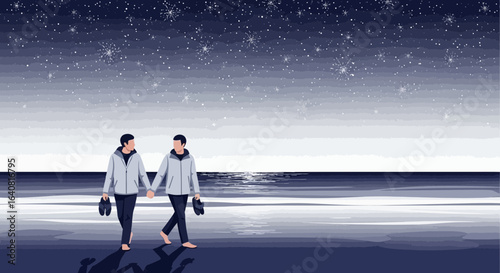 Romantic stroll on a beach under the stars for gay couple sharing love and harmony at night