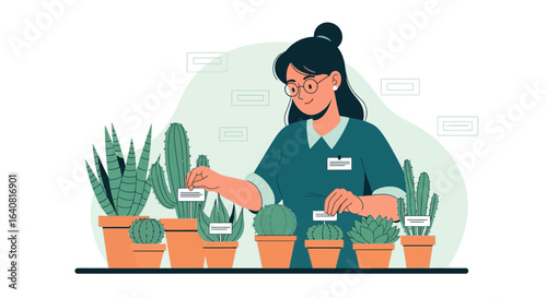 Woman tending to a collection of potted cacti and succulents with care in a greenhouse environment