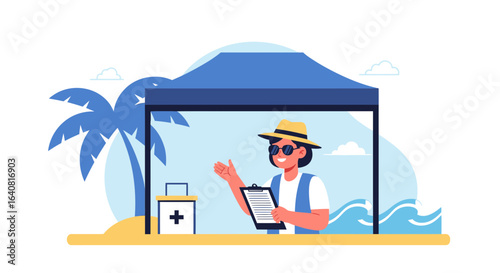 Summer camp volunteer at a beachside first aid station offering assistance and guidance to visitors in need of help