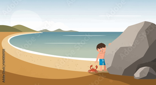 Summer Fun Boy Discovering a Crab on a Scenic Sandy Beach