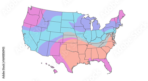 United States temperature gradient map with color-coded climate zones and weather heat map overlay, cartographic choropleth illustration showing temperature distribution across USA states