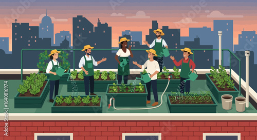 Rooftop gardening project: community urban farming with people cultivating vegetables and herbs in a garden bed on a building