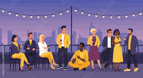 Rooftop Celebration Under The Lights Diverse Group Enjoying Urban Skyline Party
