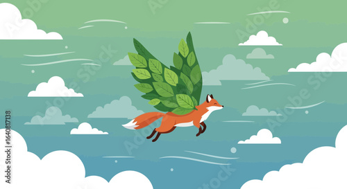 Whimsical Fox with Leaf Wings Soaring Through a Dreamy Cloudscape Illustration