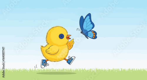 Running Chick Trying To Catch a Butterfly on a Beautiful Spring Day