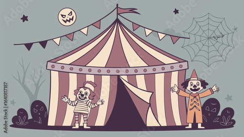Spooky halloween circus scene with creepy clowns and a jack o lantern moon under a cobweb sky