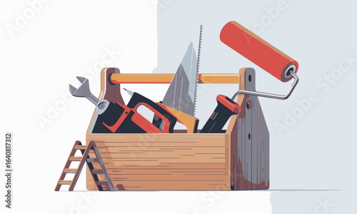 Wooden toolbox illustration packed with saw, wrench, screwdriver, paint roller, hammer and ladder in flat vector style for home improvement, DIY, repair, renovation and construction