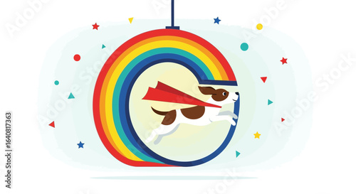 Superhero Canine Leaping Through a Colorful Rainbow Portal Cartoon Illustration