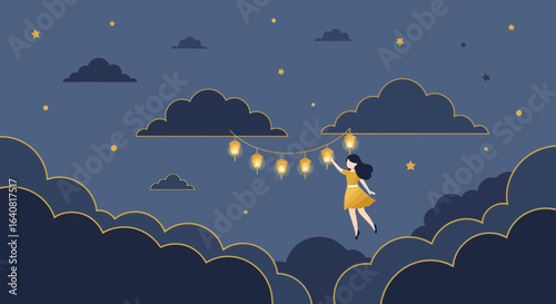 Woman With Yellow Dress Holding The Lanterns In The Sky And Clouds Scenery