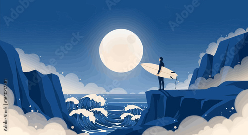 Surfer Contemplating The Ocean Under The Moonlight Landscape Illustration