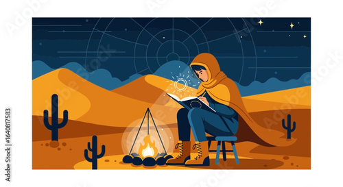 Woman writing book while camping in desert with campfire under the stars with light