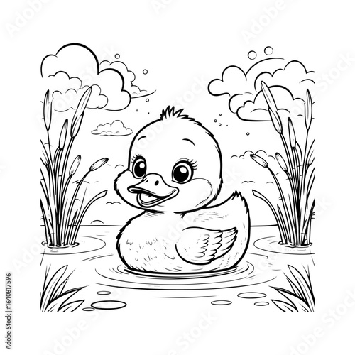The exuberance of a little duckling in an aquatic environment: Floating in the calm waters of a pond, the immense beauty of nature is revealed in its sweet smile and curious eyes.