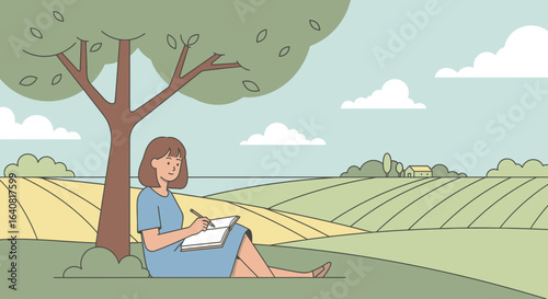 Woman Writes in Nature Under Tree on a Field Background with Clouds