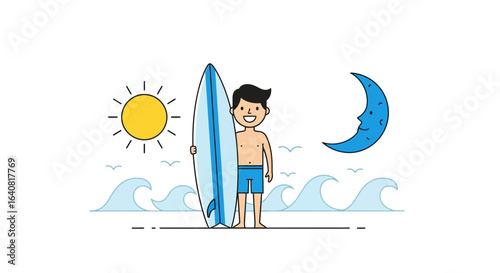 Surfer Ready For Day Or Night Adventures With A Smiling Moon And A Bright Sun