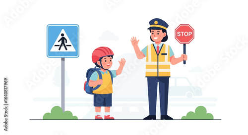 School crossing guard helping child cross the road for road safety awareness campaign