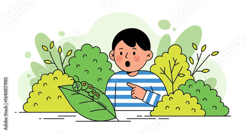 Surprised Boy Finds Caterpillar On Leaf In Nature Illustration Scene