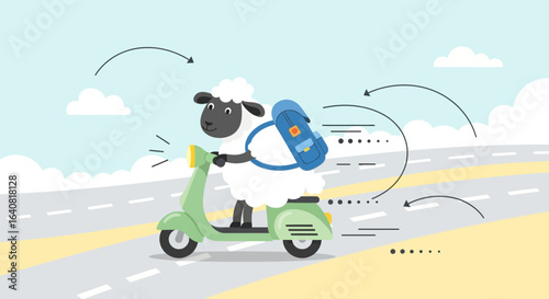Whimsical Sheep On Scooter Delivers With Speed and Agility Across a Pastel Landscape