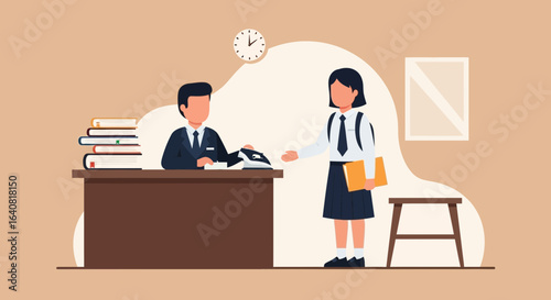 School principal's office with a student receiving guidance and educational support vector illustration