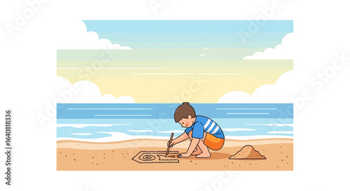 Young Artist Draws Creative Sketches In The Sand On A Sunny Day
