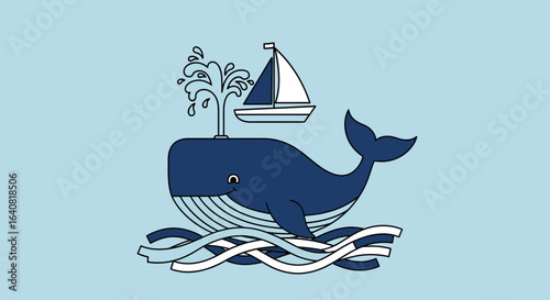 Whimsical Whale Illustration with Sailboat on Head and Playful Ocean Waves
