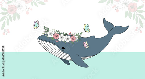 Whimsical whale with floral crown and fluttering butterflies artwork for kids illustration