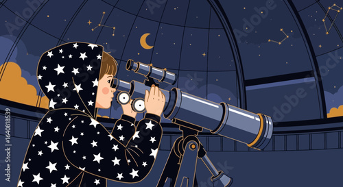 Young astronomer exploring the cosmos through a telescope under the night sky filled with stars and constellations