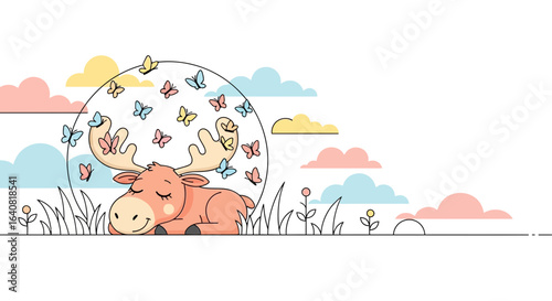 Sweet Dreams In The Meadow With Cute Sleeping Moose And Butterflies Around Him