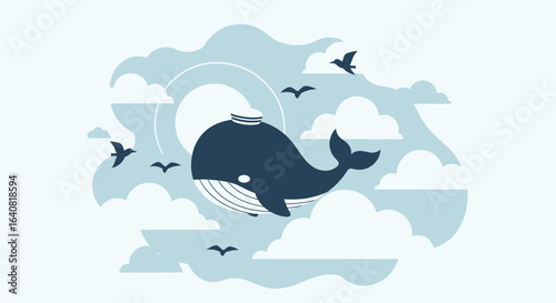 Whimsical Whale's Journey: A Captivating Illustration of Marine Life Amidst Clouds