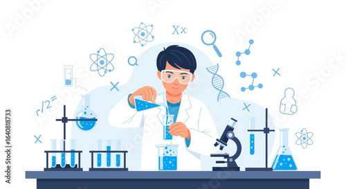 Scientist conducting experiment illustration in a lab with scientific equipment on the table