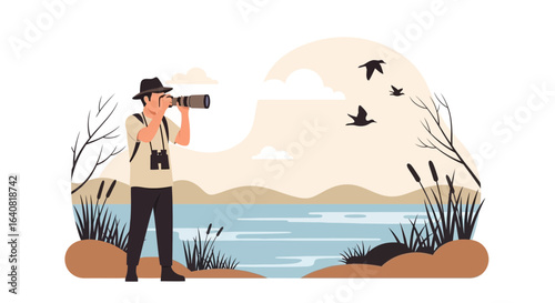 Wildlife Enthusiast Capturing Birdlife Scenery Through Camera Lens On Lakeside
