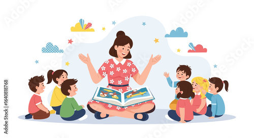 Teacher engaging with children in interactive storytelling session education vector illustration concept for primary school students illustration