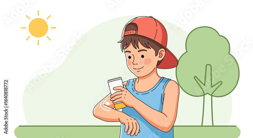 Young Boy Applying Sunscreen Lotion in a Park Under Bright Sunlight Illustration