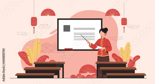 Teacher Explaining Lesson in Classroom With Traditional Chinese Decoration