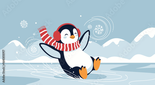 Winter Fun: Cartoon Penguin Ice Skating On A Cold Day Outdoors Scene