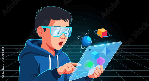 Young boy exploring virtual reality with futuristic glasses and tablet displaying geometric shapes and planets in a digital space