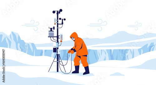 Scientist in arctic research station monitoring meteorological instruments and weather data collection in the frozen landscape
