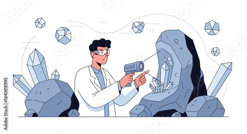 Scientist Inspecting Crystals Formed Inside Rock Formation With Scanning Device