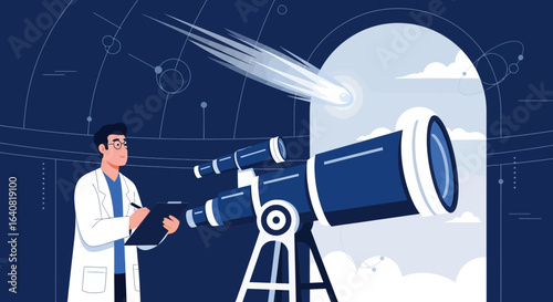 Scientist Observing Comet with a Telescope in Observatory Lab Design