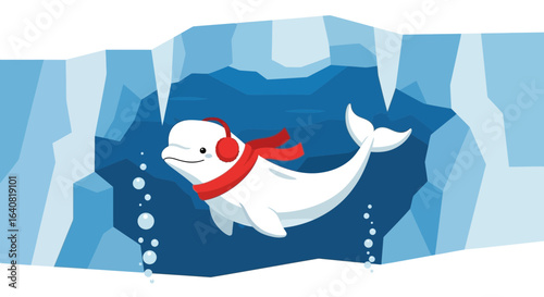 Winter Whale Adventures Underwater Beluga Wearing Scarf and Headphones in Arctic Ice Cave