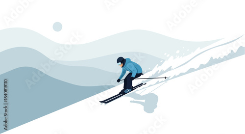 Winter Sports Illustration: Skier Descending a Snowy Slope with Mountain Backdrop
