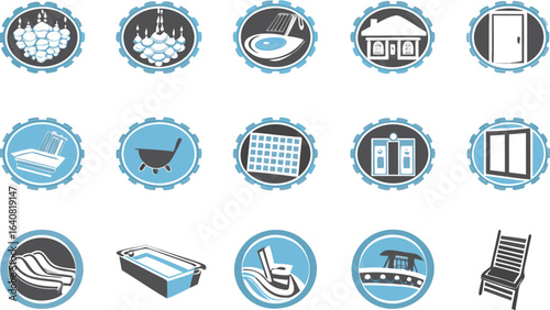 Illustration of various household and outdoor items within cogwheel frames in blue and gray colors