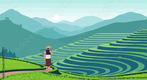 Terraced Rice Fields and Silhouette of Farmer in a Mountainous Landscape
