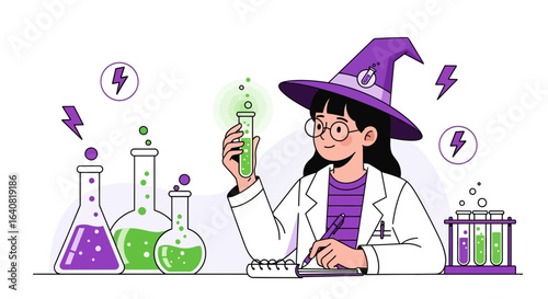The cartoon witch making experiments and writing result in laboratory illustration design showing a cartoon scientist with magic tools