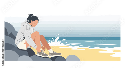Woman Adjusting Her Running Shoes by the Sea Illustration Ready to Start